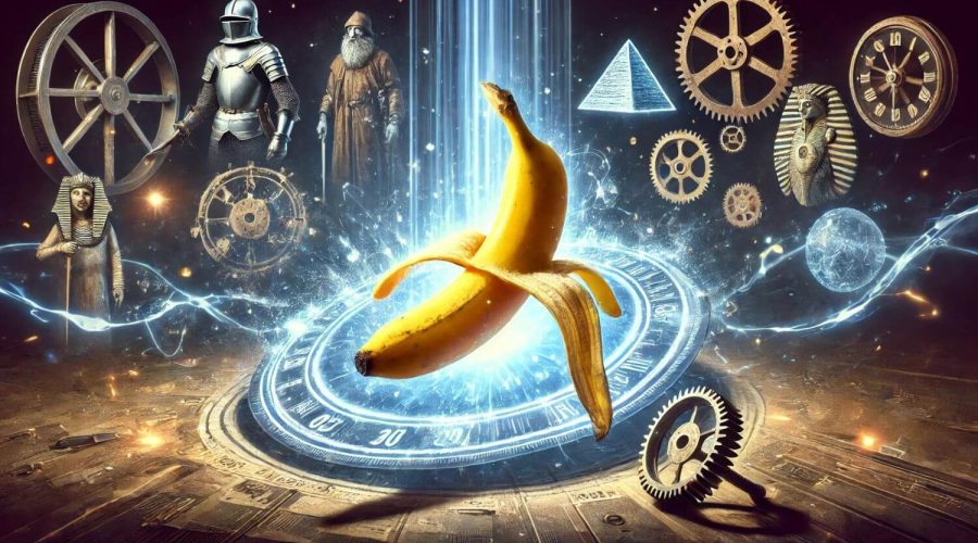 A glowing, futuristic banana peel hovers in mid-air, surrounded by floating gears, crackling blue energy, and faint images of different historical periods, showcasing its power as a time-travel device.