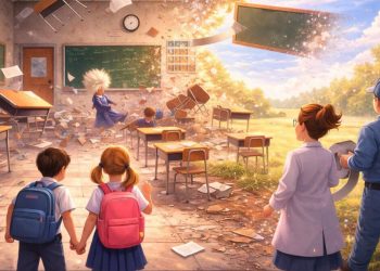 A hilariously chaotic classroom where desks float wildly, papers swirl like a tornado, a student clings to a chair, another tries to catch their lunch mid-air, and a teacher’s wig dramatically flies off as walls vanish around them.