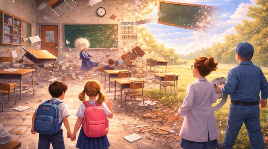 A hilariously chaotic classroom where desks float wildly, papers swirl like a tornado, a student clings to a chair, another tries to catch their lunch mid-air, and a teacher’s wig dramatically flies off as walls vanish around them.