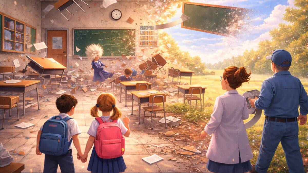 A hilariously chaotic classroom where desks float wildly, papers swirl like a tornado, a student clings to a chair, another tries to catch their lunch mid-air, and a teacher’s wig dramatically flies off as walls vanish around them.