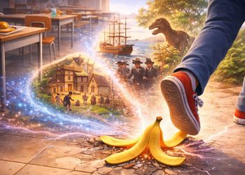 A glowing banana peel opens a time portal in a school cafeteria as a student slips, revealing scenes from history like ships, a village, and a dinosaur.