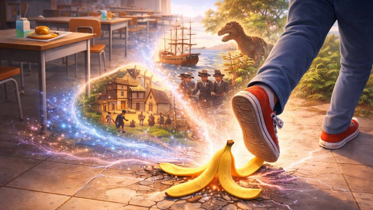 A glowing banana peel opens a time portal in a school cafeteria as a student slips, revealing scenes from history like ships, a village, and a dinosaur.