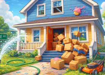 Cartoon house on Maple Street with moving boxes spilling out, a garden hose spraying water, and a cupcake splattered on the window, showing playful moving-day chaos.