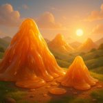 Glowing honey mountains in a lush green valley at sunset, with golden light reflecting off the syrupy peaks.