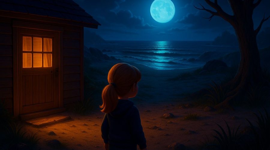 A red-haired girl stands outside a glowing wooden cabin at night, facing a moonlit beach with gentle waves, scattered rocks, and a leafless tree silhouetted under the full moon.
