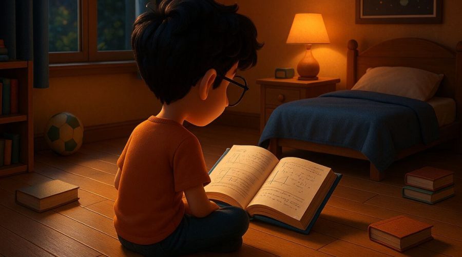A cozy bedroom with warm lighting shows a boy with black, wavy hair sitting cross-legged on the wooden floor, reading a large open math book. Around him are scattered books, a soccer ball, and a solar system poster on the wall.