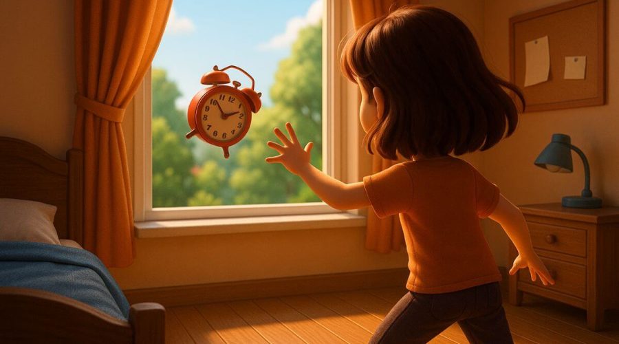 A young girl with shoulder-length brown hair throws a red alarm clock out of her bedroom window as morning sunlight pours in, casting warm light across the wooden floor and cozy room filled with orange curtains and a neatly made bed.