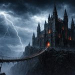 Wide illustration from The Fake Fang showing a tall Gothic castle on a rocky cliff at night, with glowing red windows, a rope bridge, and lightning in a cloudy sky.