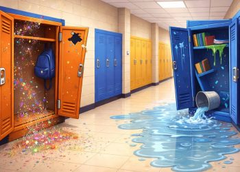 The Great Prank War cartoon illustration of a school hallway with two broken lockers, glitter flying from one locker and water spilled from the other.