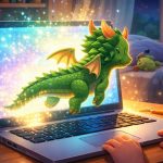 A side-view green dragon emerging from a glowing laptop in a cozy bedroom, with magical sparkles and a child’s hands on the keyboard, creating a whimsical fantasy scene.