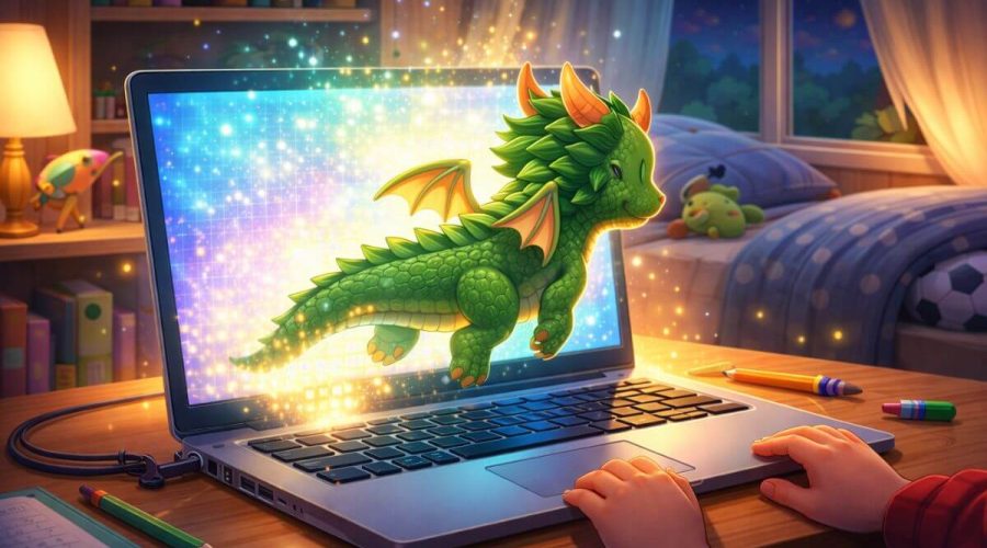 A side-view green dragon emerging from a glowing laptop in a cozy bedroom, with magical sparkles and a child’s hands on the keyboard, creating a whimsical fantasy scene.