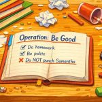 Open diary titled “Operation: Be Good” on a messy school desk with spilled cereal, crumpled papers, books, and a buzzing phone in a colorful cartoon style.