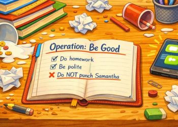 Open diary titled “Operation: Be Good” on a messy school desk with spilled cereal, crumpled papers, books, and a buzzing phone in a colorful cartoon style.