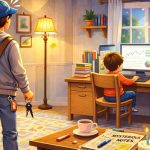 A colorful children's book illustration of a toddler sitting at a desk using a computer, shown from the back with no visible face, while a teenage babysitter stands nearby watching in confusion in a cozy, well-lit living room.