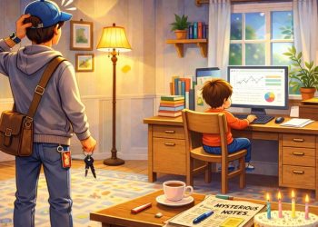 A colorful children's book illustration of a toddler sitting at a desk using a computer, shown from the back with no visible face, while a teenage babysitter stands nearby watching in confusion in a cozy, well-lit living room.