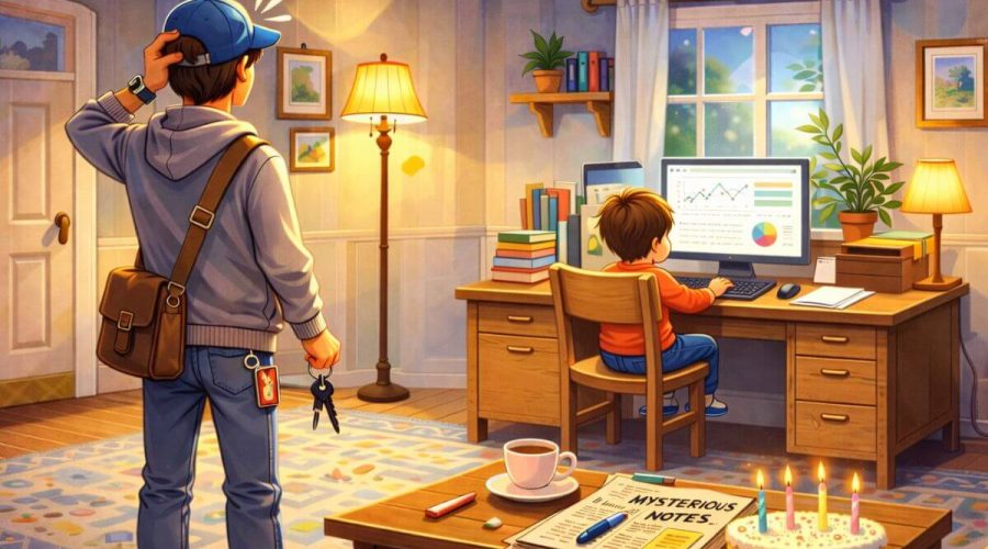 A colorful children's book illustration of a toddler sitting at a desk using a computer, shown from the back with no visible face, while a teenage babysitter stands nearby watching in confusion in a cozy, well-lit living room.