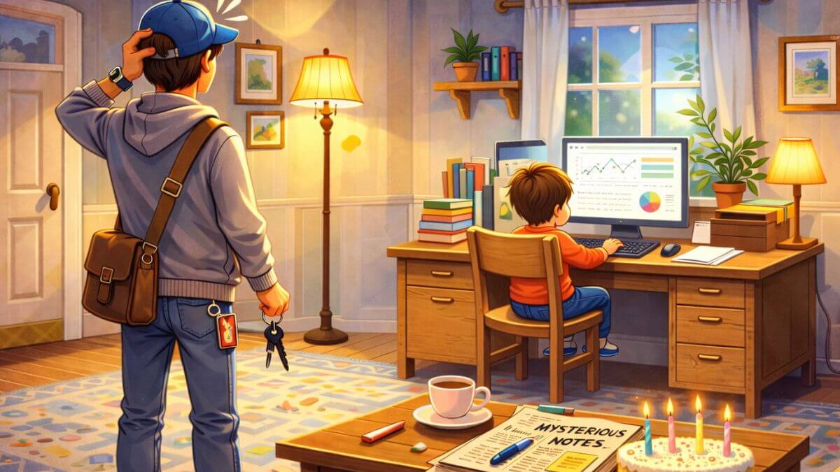 A colorful children's book illustration of a toddler sitting at a desk using a computer, shown from the back with no visible face, while a teenage babysitter stands nearby watching in confusion in a cozy, well-lit living room.