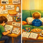 Babysitter investigating a genius toddler reading a huge book, with math notes, food, and puzzles in a colorful living room illustration.