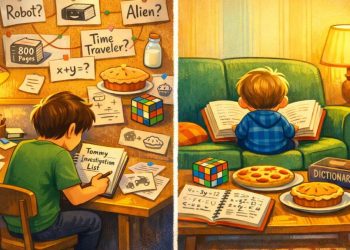 Babysitter investigating a genius toddler reading a huge book, with math notes, food, and puzzles in a colorful living room illustration.