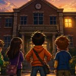 Five kids standing together facing a school building like a spy team, colorful cartoon illustration with no faces, mystery children story concept