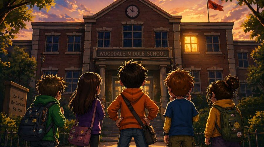 Five kids standing together facing a school building like a spy team, colorful cartoon illustration with no faces, mystery children story concept