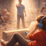 A boy in a red hoodie sits on a couch with headphones as his father points at him while chaos unfolds in the living room behind them.