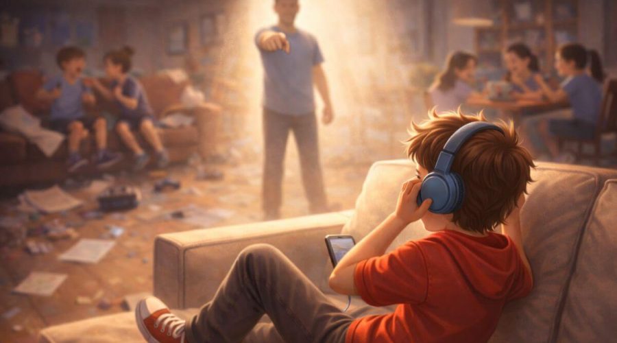 A boy in a red hoodie sits on a couch with headphones as his father points at him while chaos unfolds in the living room behind them.